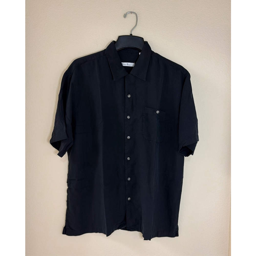 Burma Bibas Men's Size L Black Silk Dress Shirt Button Up Short Sleeved